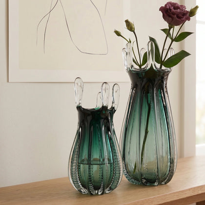 Emerald green glass vase with crown rim design available in small and big sizes for modern decor