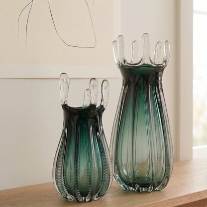 Emerald green glass vase with crown rim design available in small and big sizes for modern decor