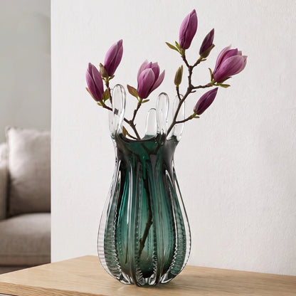 Emerald green glass vase with crown rim design available in small and big sizes for modern decor