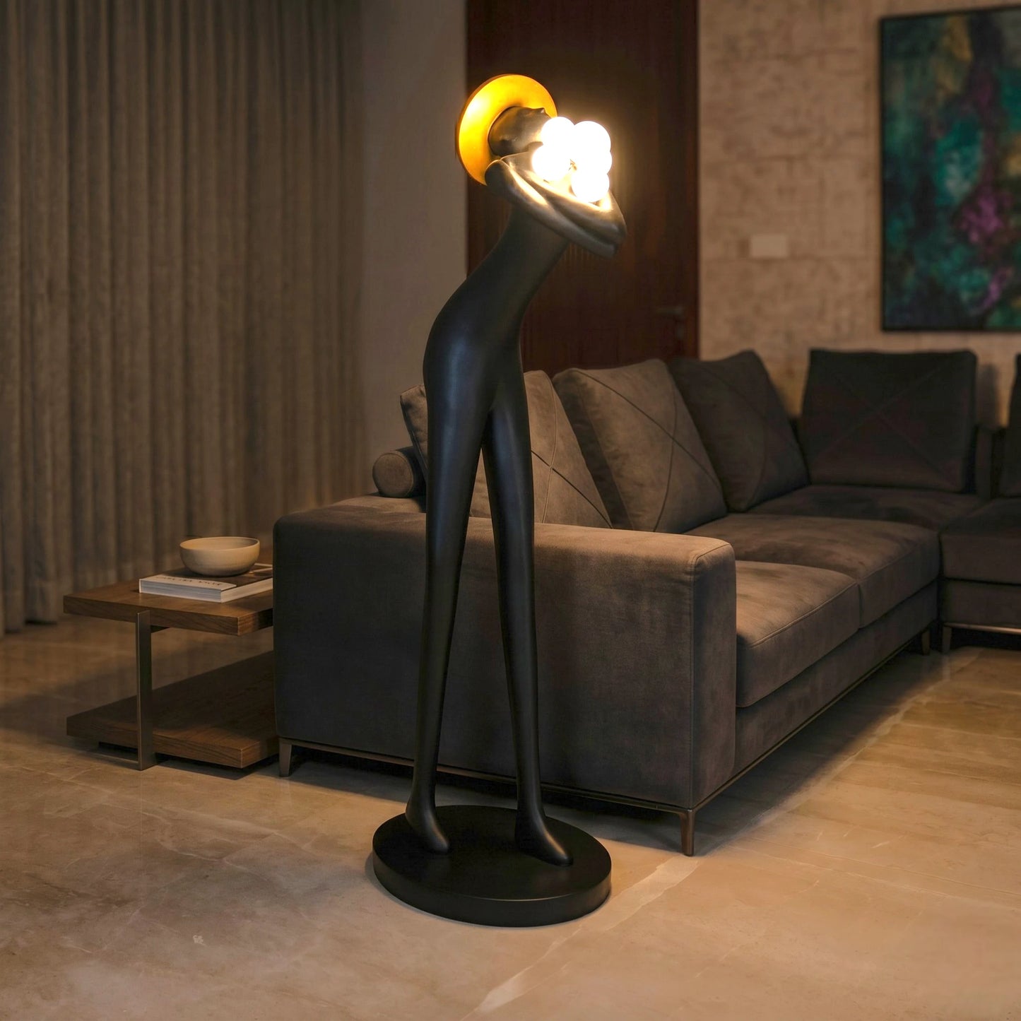 Eternal Embrace lit by grey velvet sofa