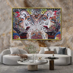 Contemporary abstract face artwork displayed in a modern living room