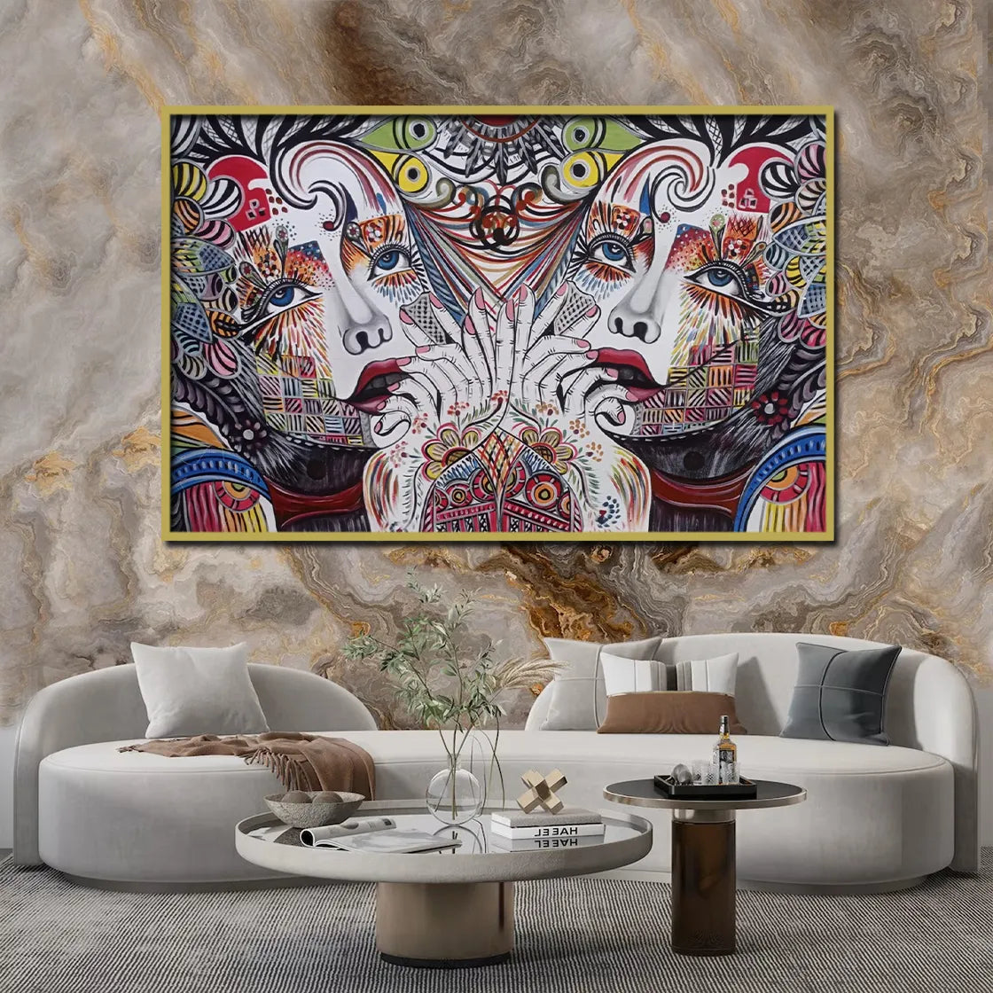 Contemporary abstract face artwork displayed in a modern living room