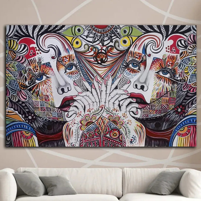 Vibrant contemporary artwork with abstract faces and patterns