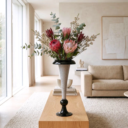 Tall speckle trumpet vase, protea, sunlit oak