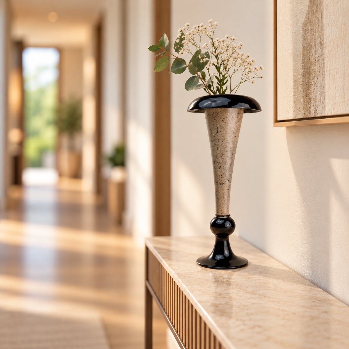 flared rim speckle glass vase in black grey