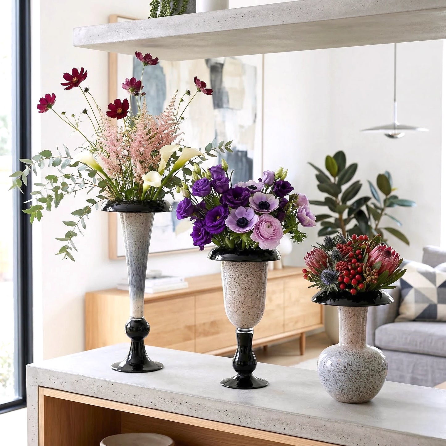 Flared rim speckle vase trio w/ cosmos