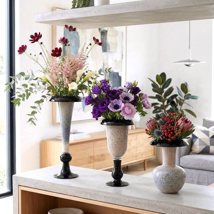 Flared rim speckle vase trio w/ cosmos