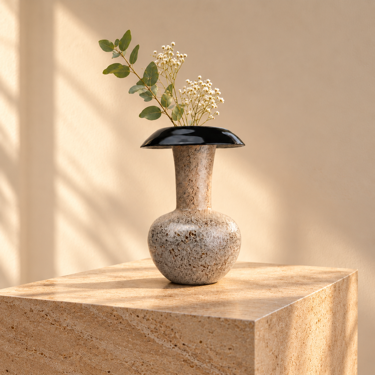 flared rim speckle glass vase in black grey