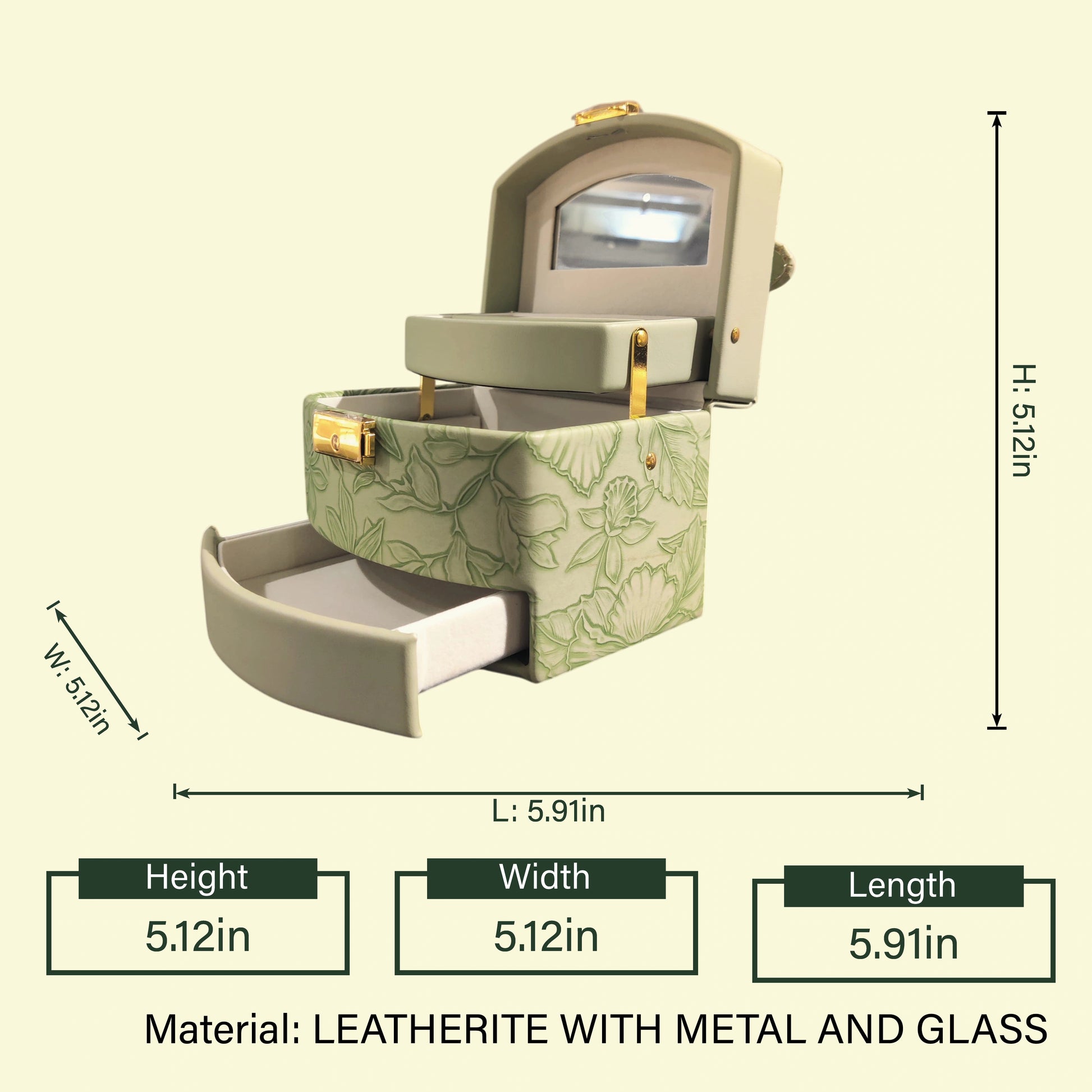 Sage green jewelry organizer box with ring holder and storage compartments