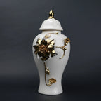 White ceramic jar with gold floral stem design, lid and vase use for home decor styling