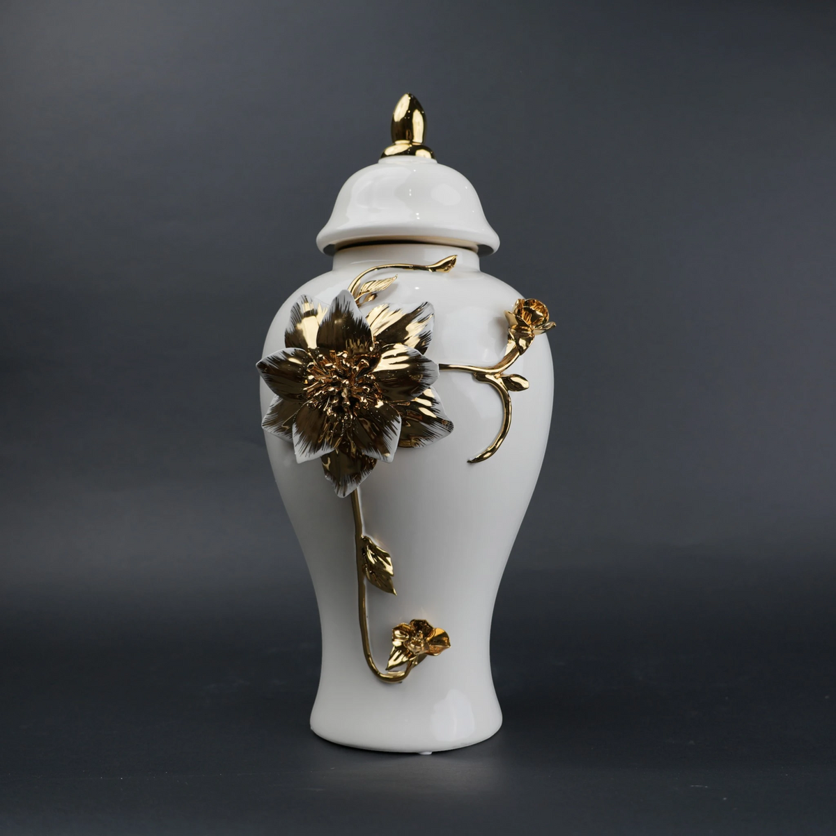 White ceramic jar with gold floral stem design, lid and vase use for home decor styling