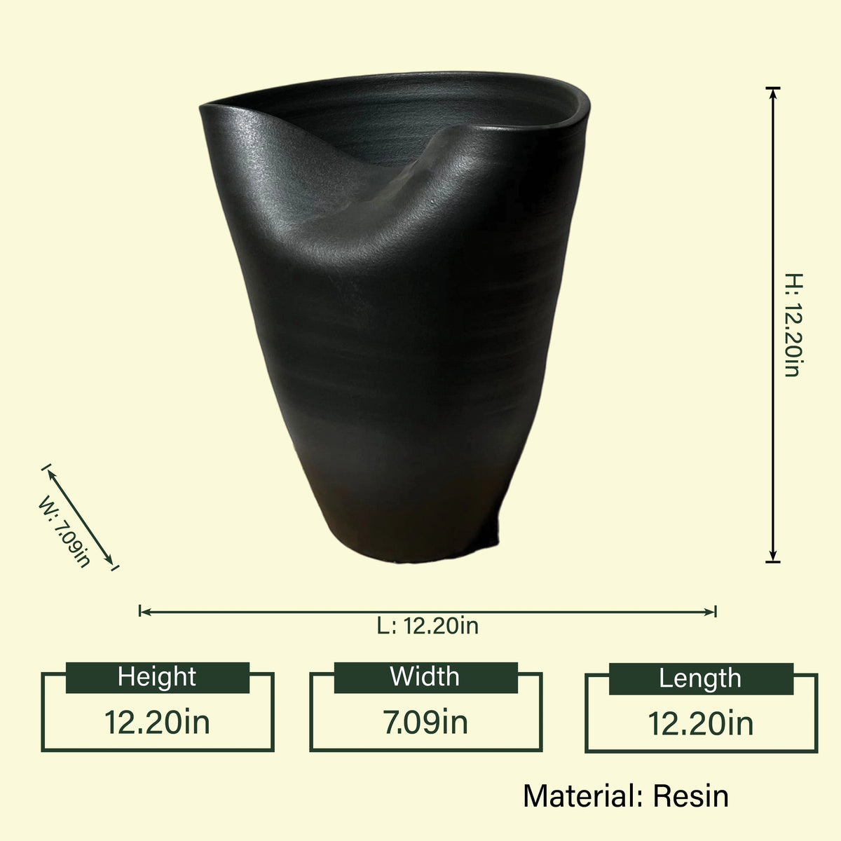 Luxury black resin flower vase featuring a minimalist sculptural silhouette with a soft organic wave rim and matte textured finish, ideal for fresh flowers, dried botanicals and modern designer interiors.