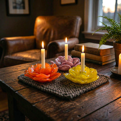 Flower glass holder trio: orange, pink, yellow