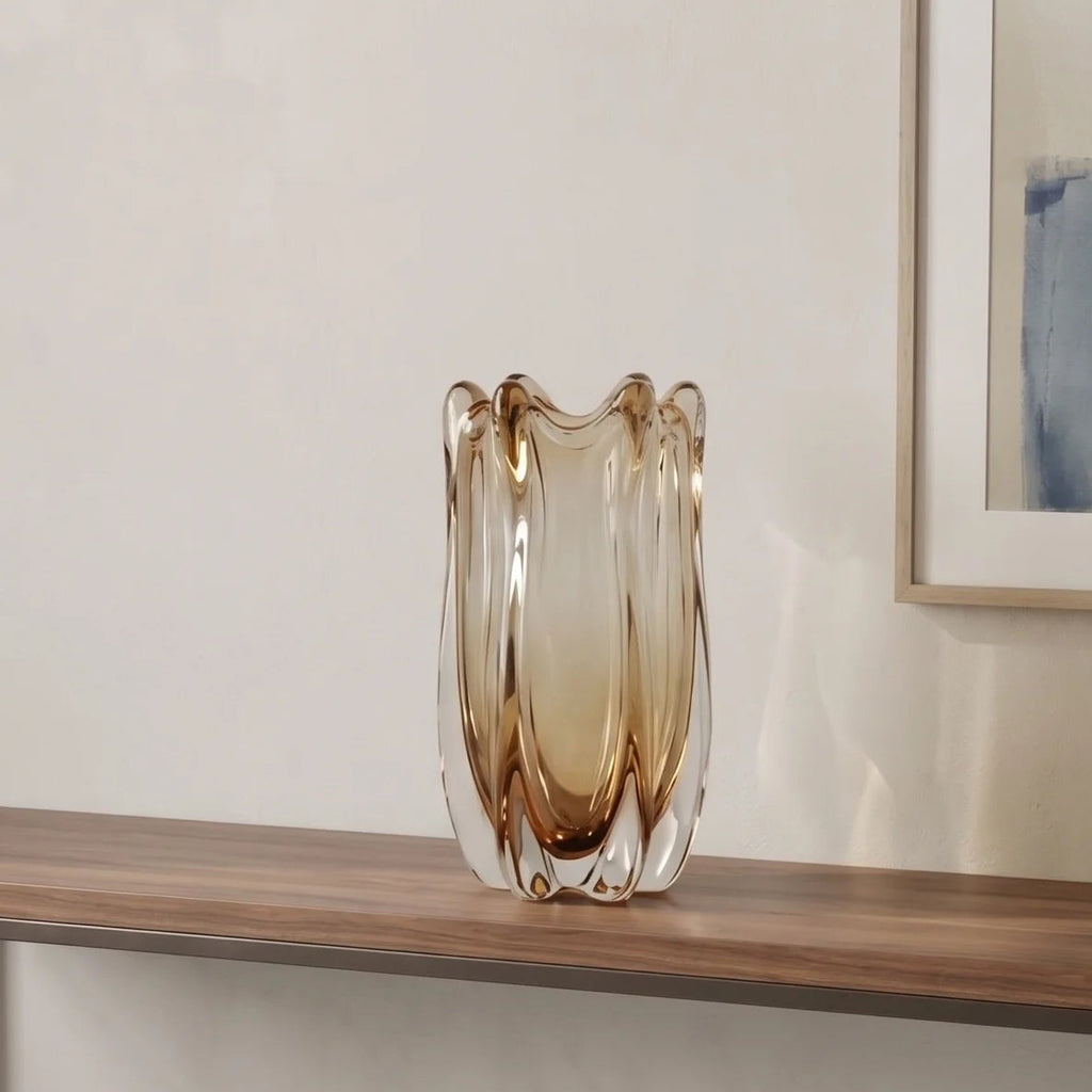 Contemporary art glass vase featuring fluid wave inspired form and handcrafted sculptural detailing for elegant interiors