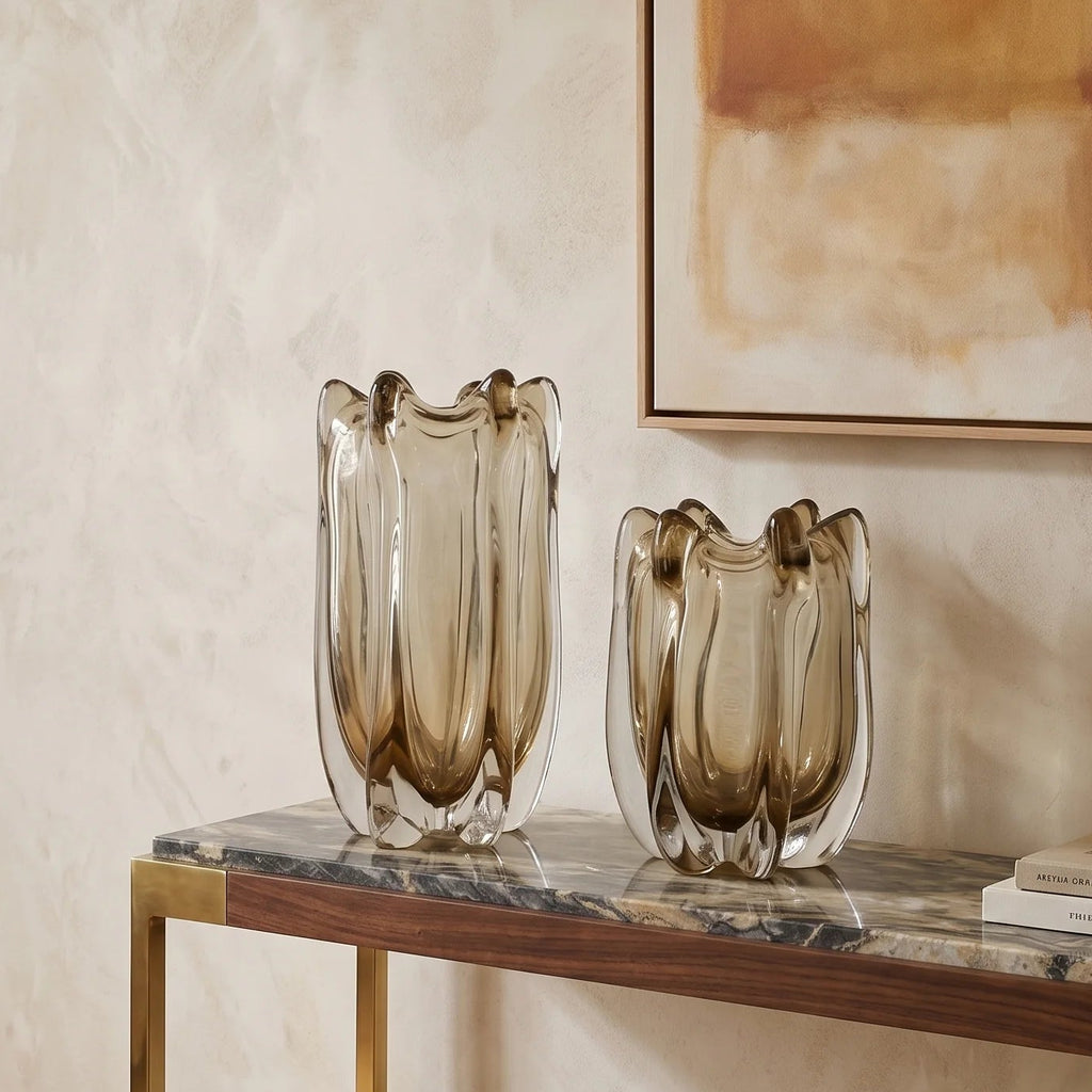 Contemporary art glass vase featuring fluid wave inspired form and handcrafted sculptural detailing for elegant interiors