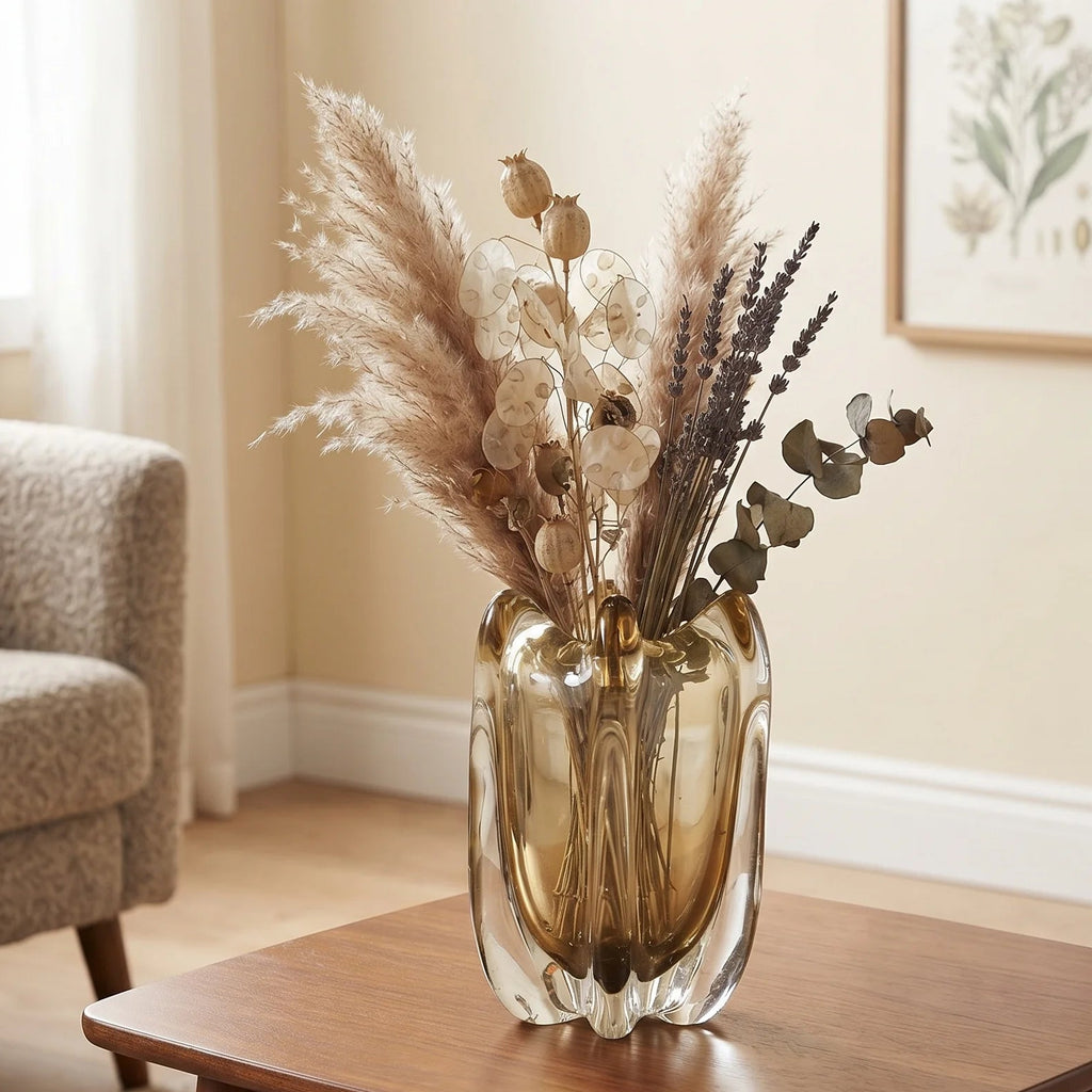 Contemporary art glass vase featuring fluid wave inspired form and handcrafted sculptural detailing for elegant interiors