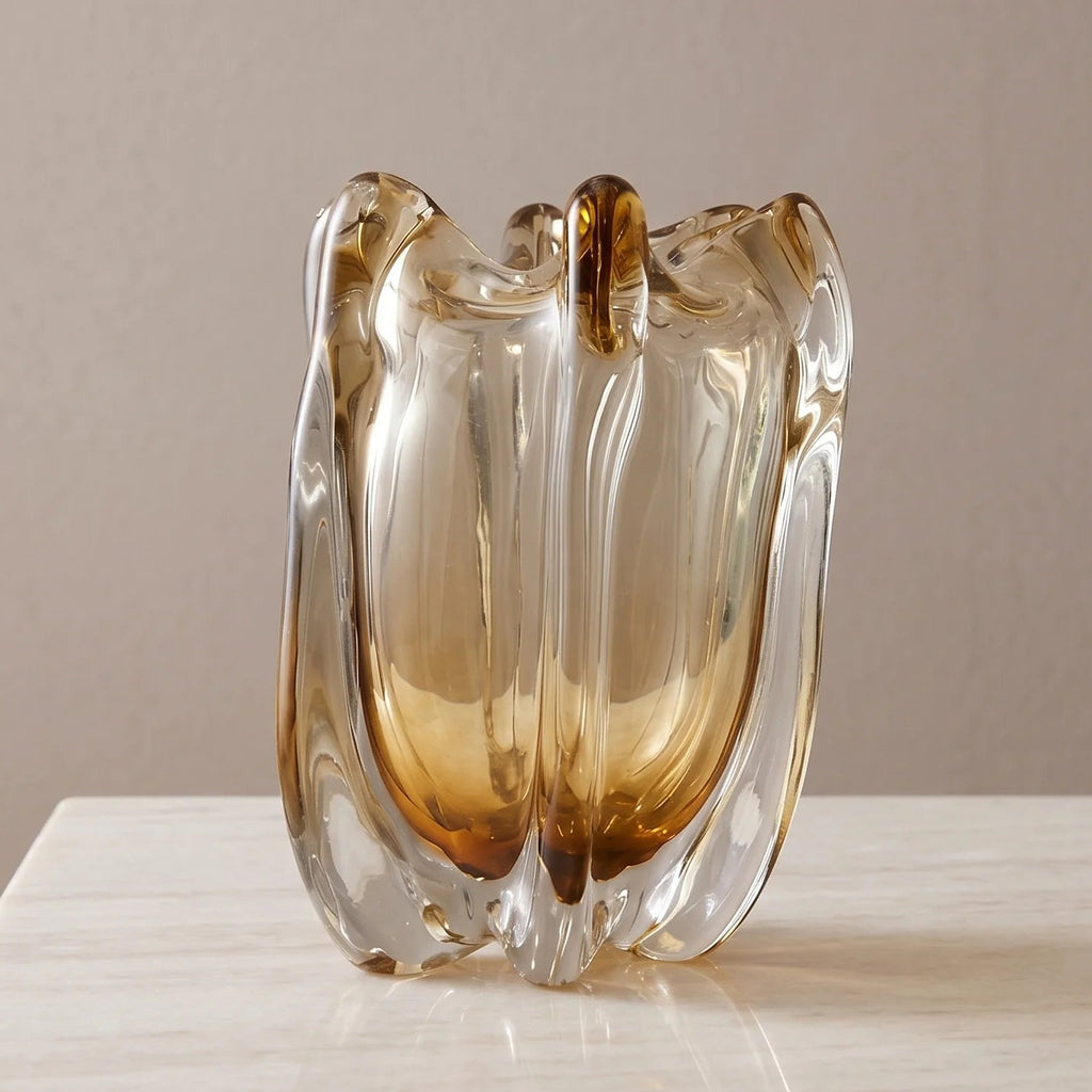 Contemporary art glass vase featuring fluid wave inspired form and handcrafted sculptural detailing for elegant interiors