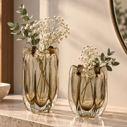 Premium smoky glass vase with abstract organic shape and luxury contemporary tabletop decor appeal for stylish homes