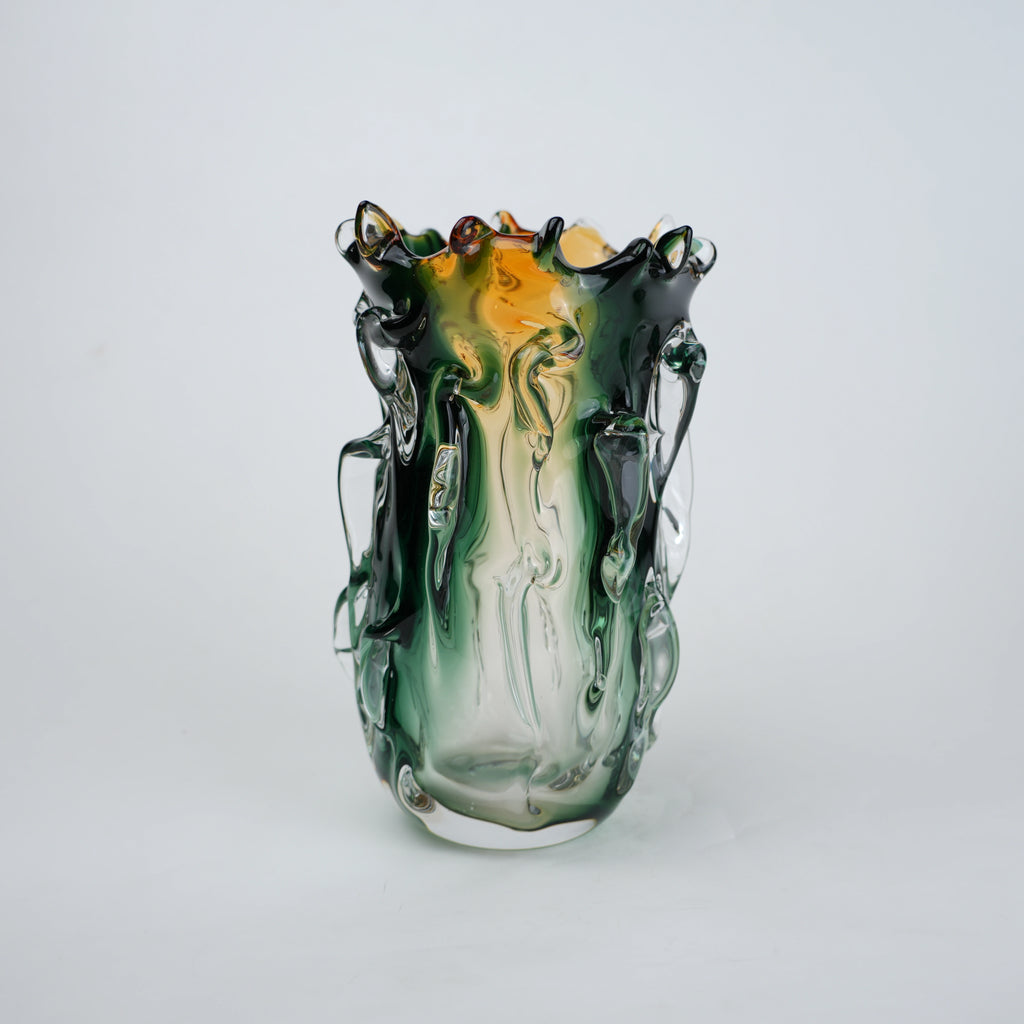 Green and amber gradient glass vase with sculpted organic design in small and big sizes