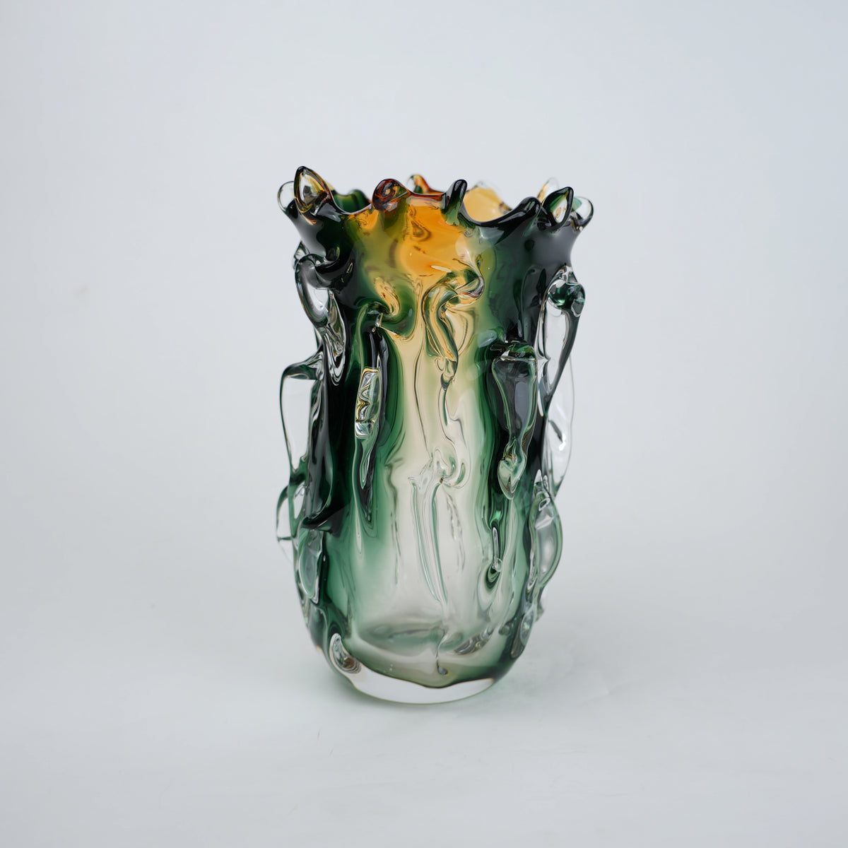 Green and amber gradient glass vase with sculpted organic design in small and big sizes