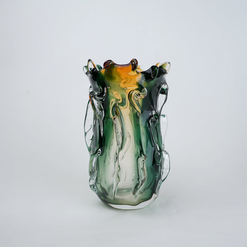 Green and amber gradient glass vase with sculpted organic design in small and big sizes