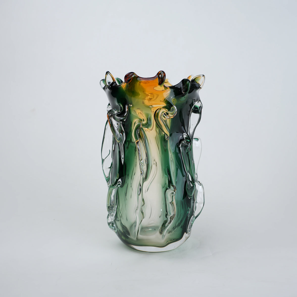 Green and amber gradient glass vase with sculpted organic design in small and big sizes