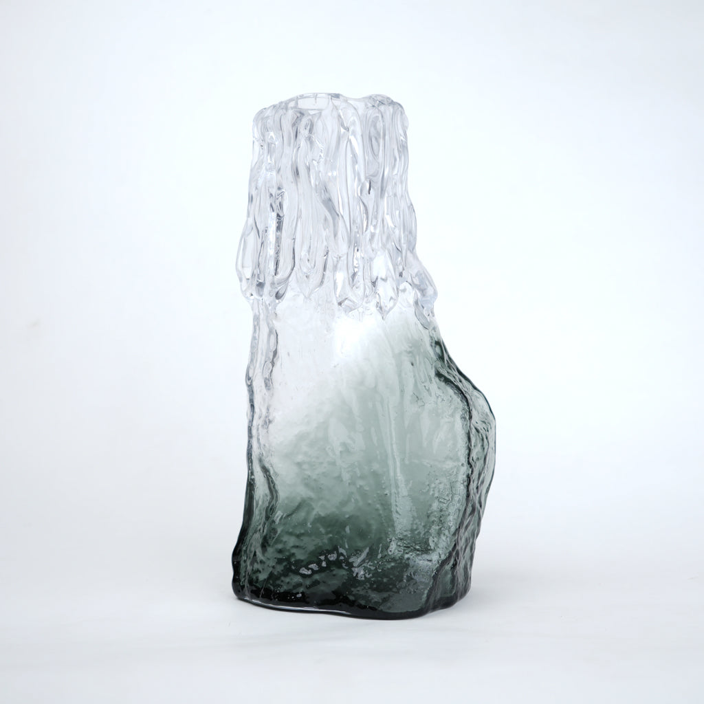 Frosted glass vase with melted texture and deep green base in small and big sizes