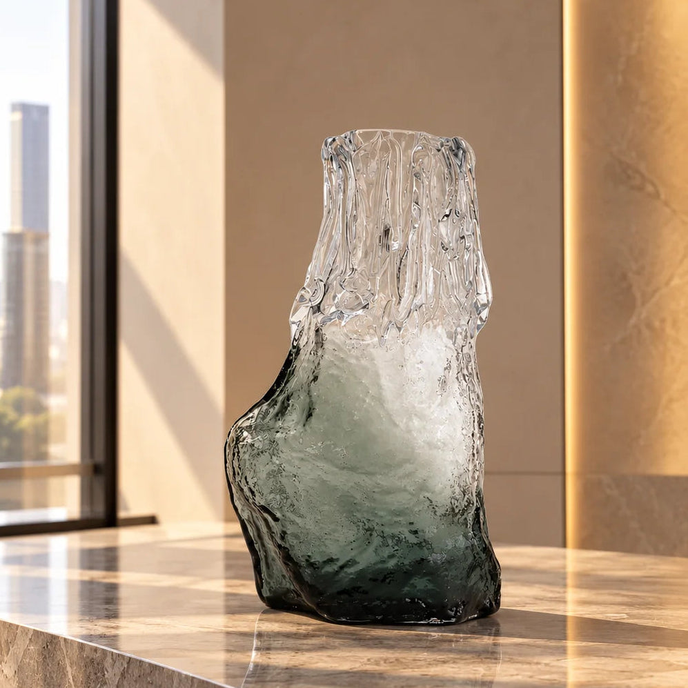 Frosted glass vase with melted texture and deep green base in small and big sizes