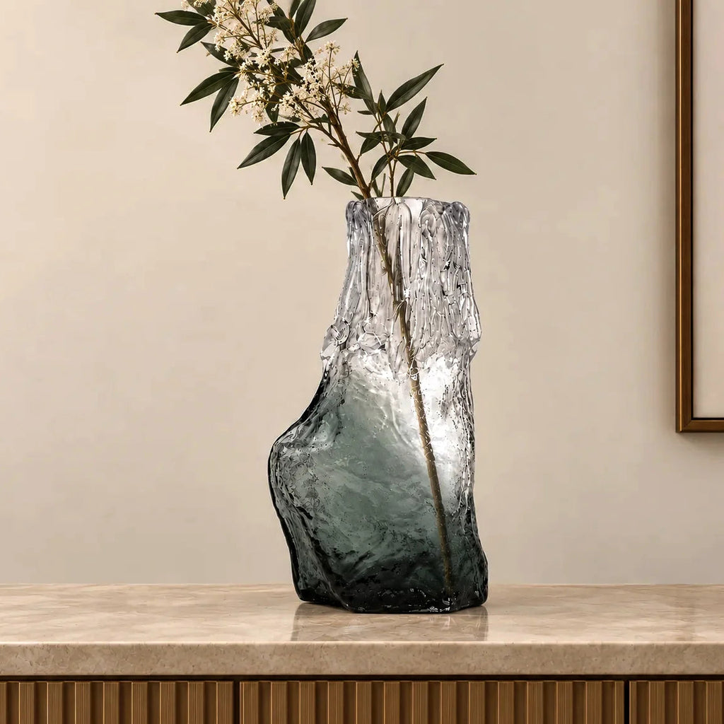 Frosted glass vase with melted texture and deep green base in small and big sizes