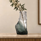 Frosted glass vase with melted texture and deep green base in small and big sizes