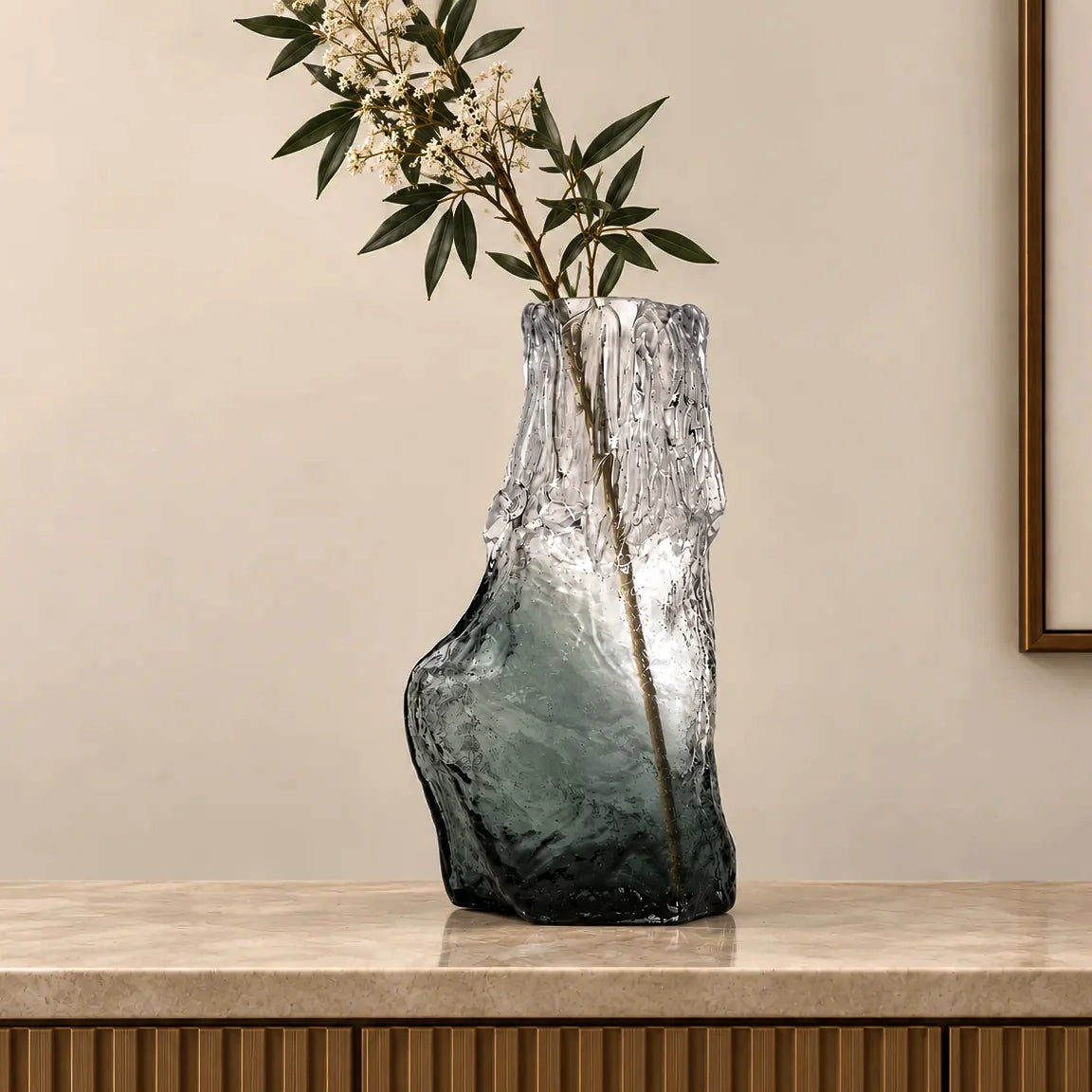 Frosted glass vase with melted texture and deep green base in small and big sizes