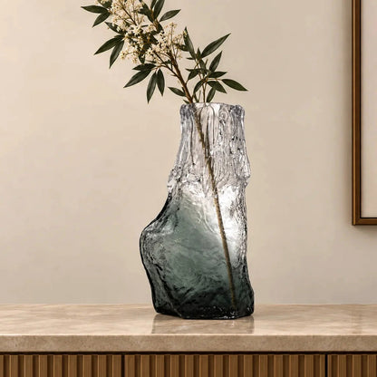 Frosted glass vase with melted texture and deep green base in small and big sizes