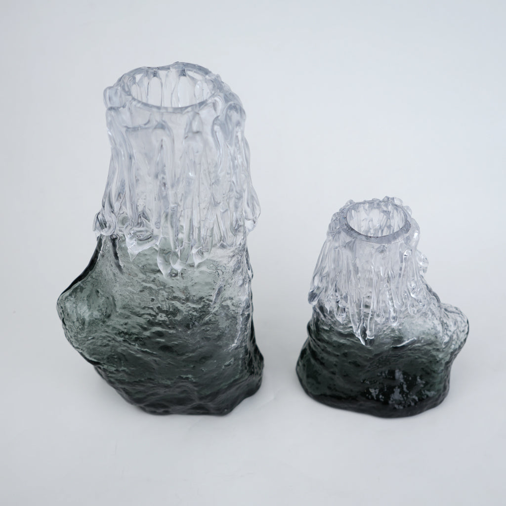 Frosted glass vase with melted texture and deep green base in small and big sizes