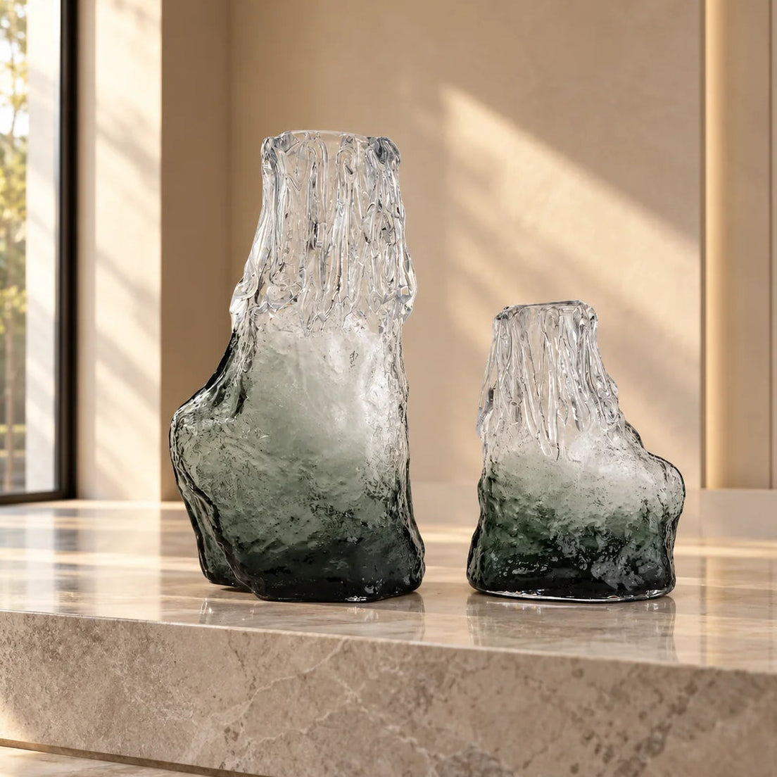 Frosted glass vase with melted texture and deep green base in small and big sizes