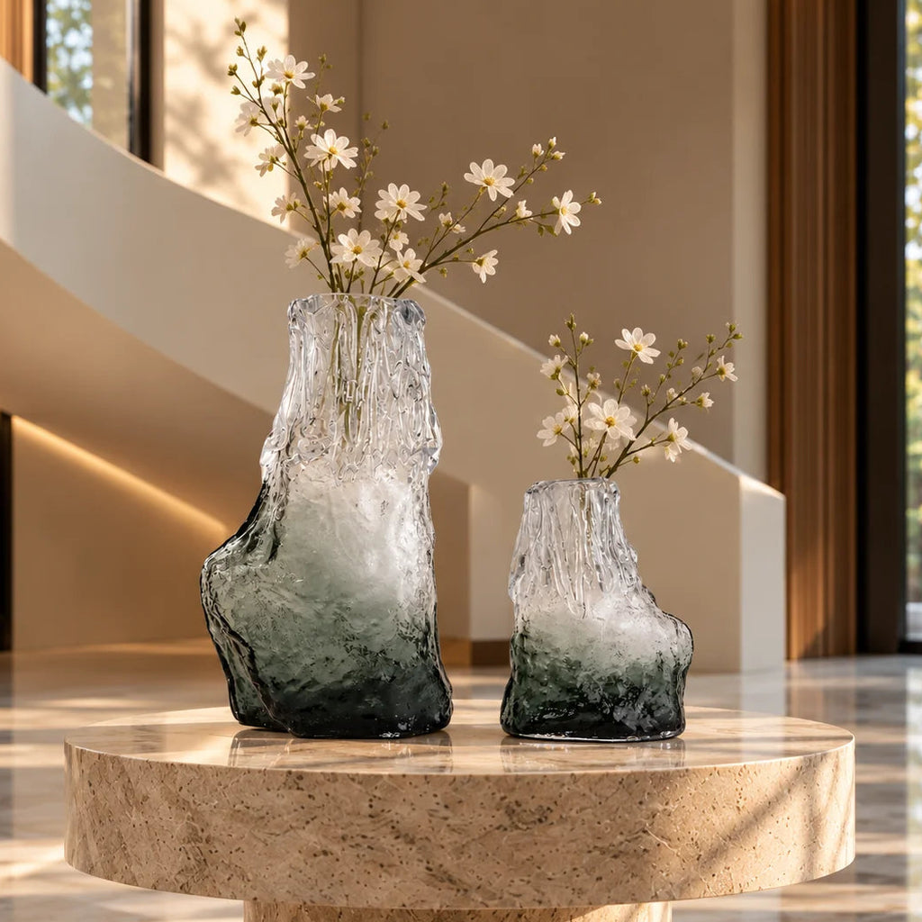 Frosted glass vase with melted texture and deep green base in small and big sizes