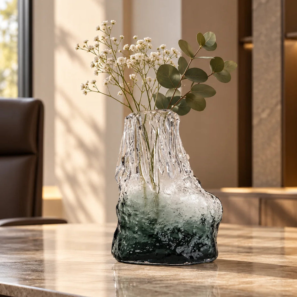 Frosted glass vase with melted texture and deep green base in small and big sizes