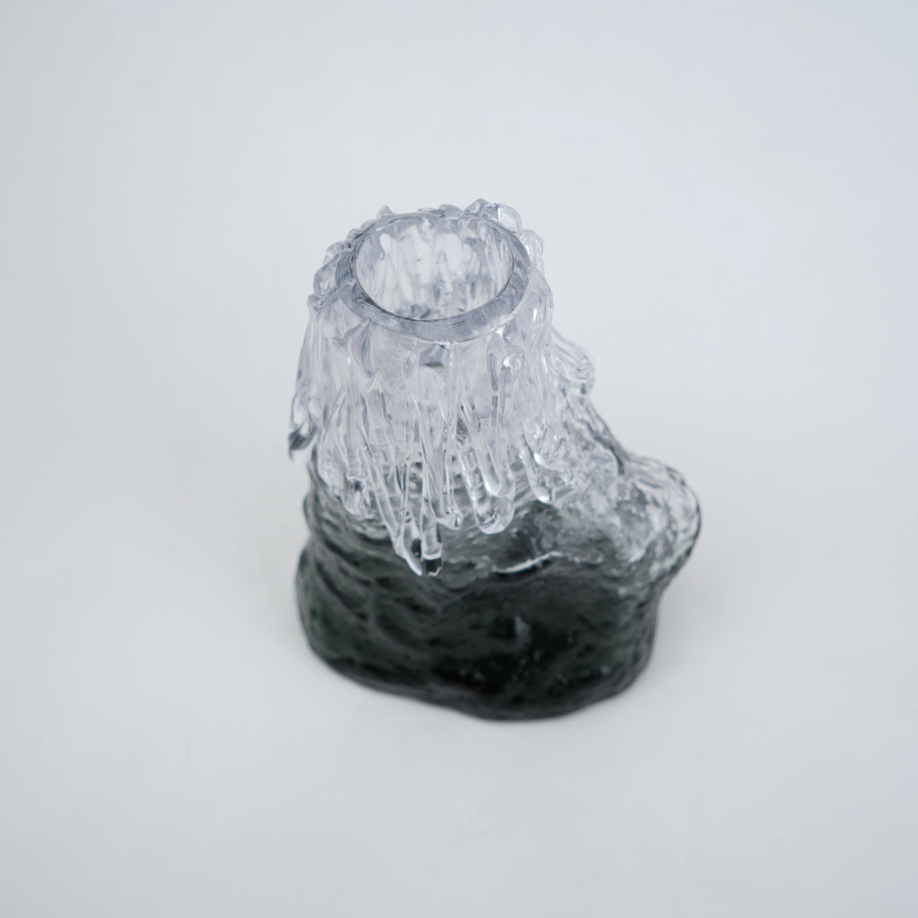 Frosted glass vase with melted texture and deep green base in small and big sizes