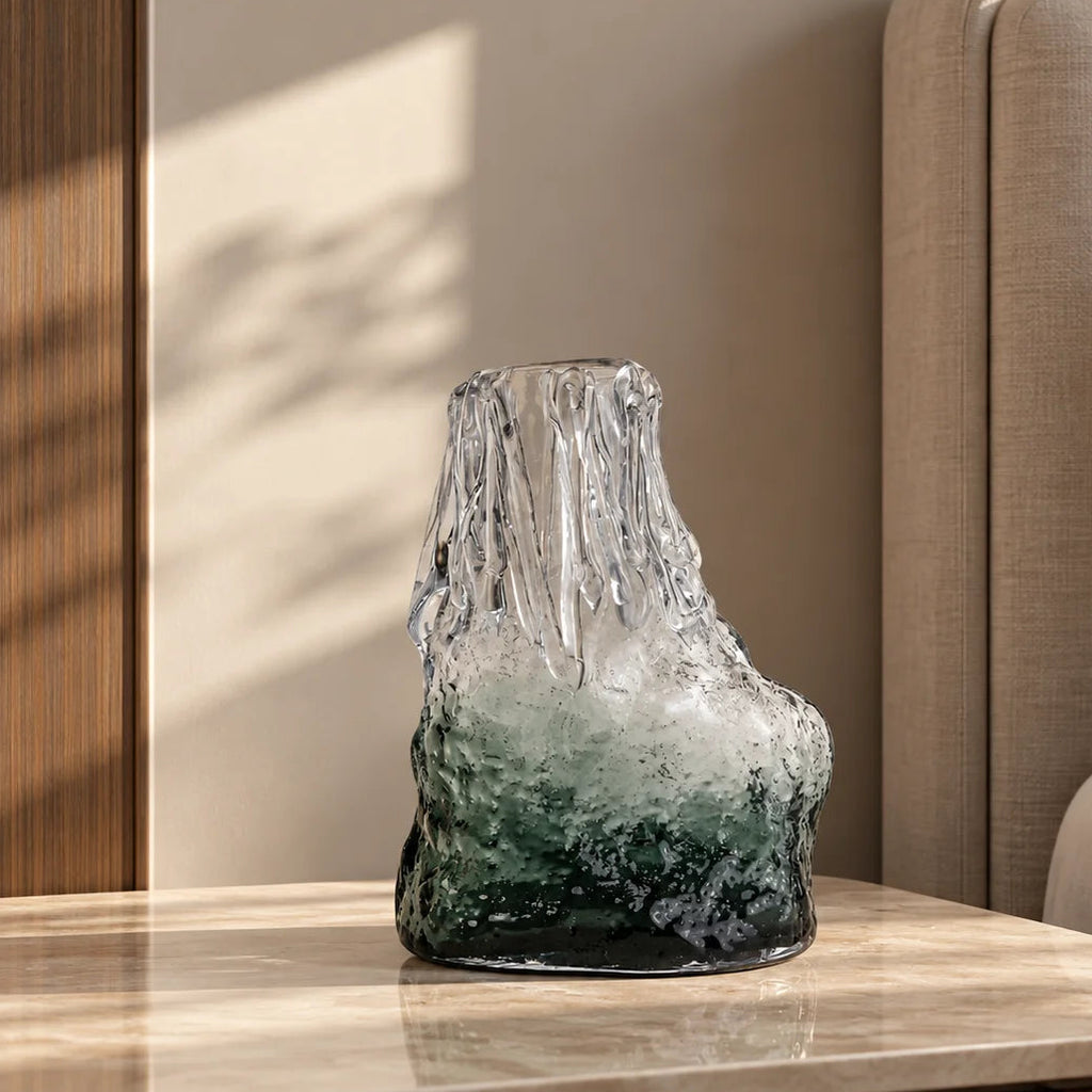 Frosted glass vase with melted texture and deep green base in small and big sizes