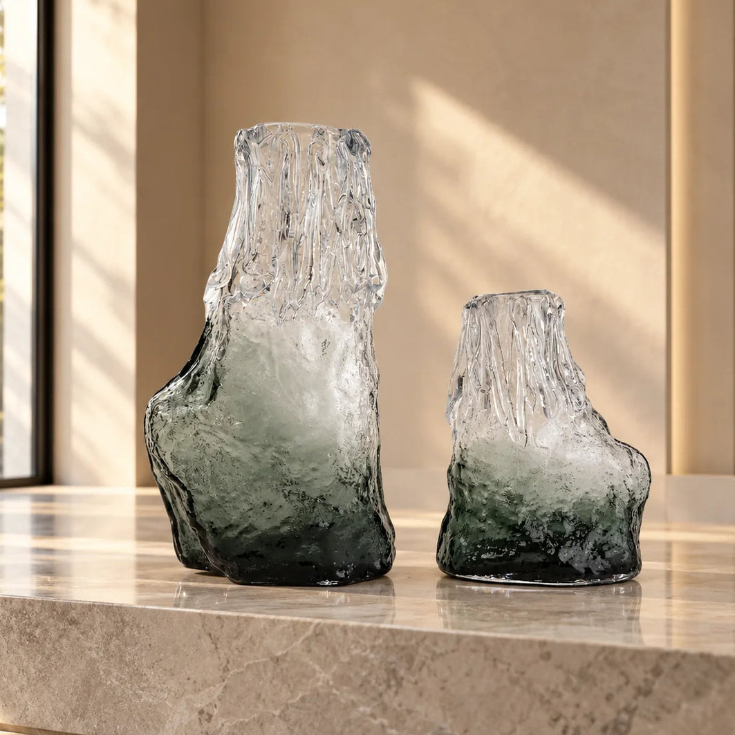 Frosted glass vase with melted texture and deep green base in small and big sizes