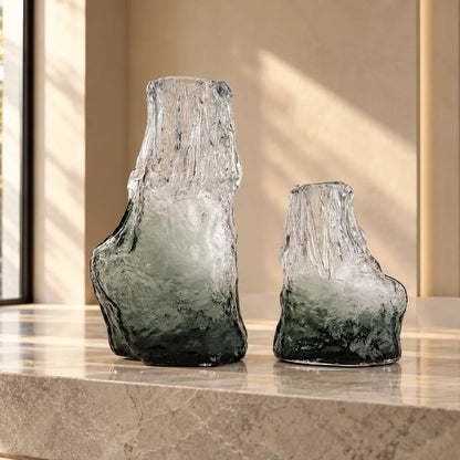 Frosted glass vase with melted texture and deep green base in small and big sizes