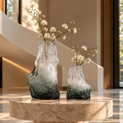 Frosted glass vase with melted texture and deep green base in small and big sizes