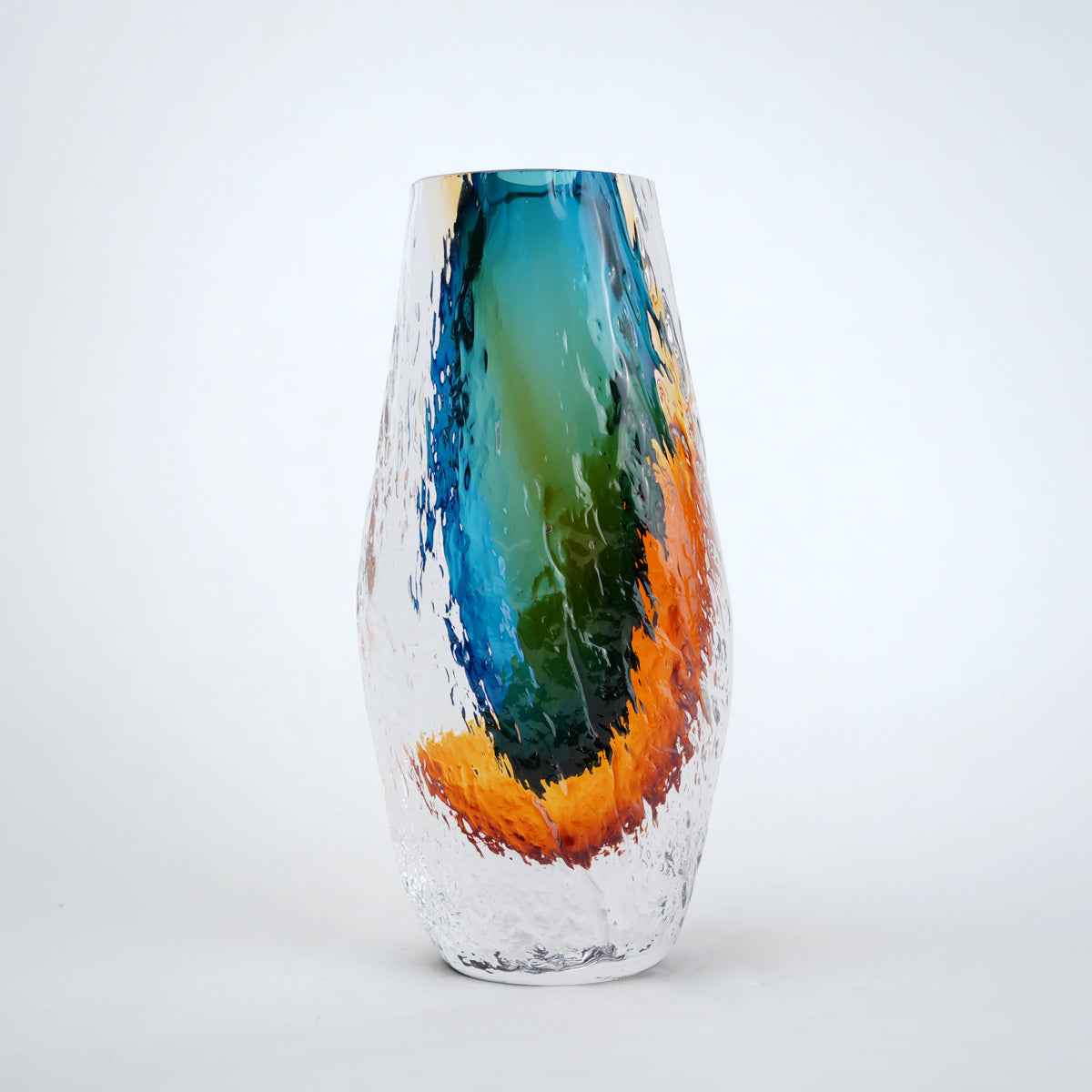 Aqua teal and amber core glass vase with textured clear exterior in two sizes
