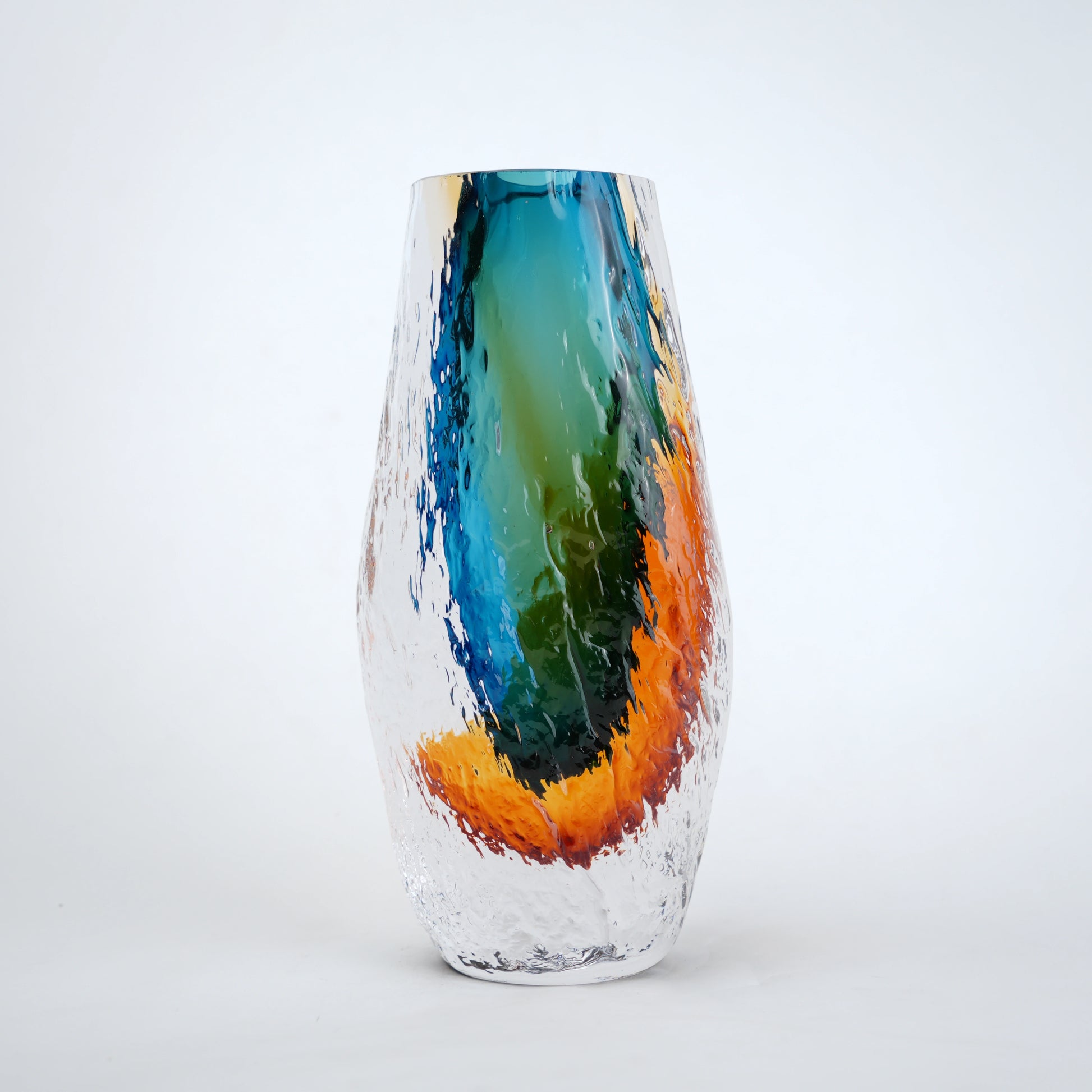 Aqua teal and amber core glass vase with textured clear exterior in two sizes
