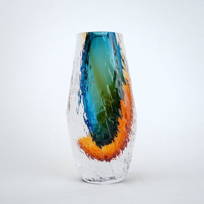 Aqua teal and amber core glass vase with textured clear exterior in two sizes