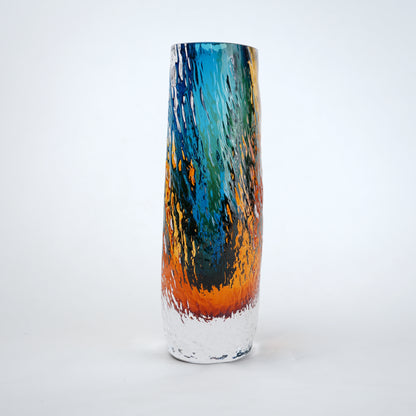 Aqua teal and amber core glass vase with textured clear exterior in two sizes