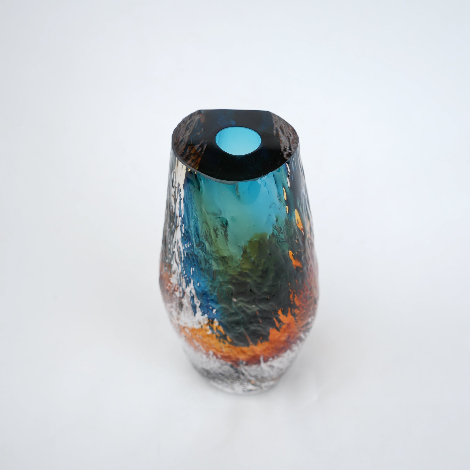Aqua teal and amber core glass vase with textured clear exterior in two sizes