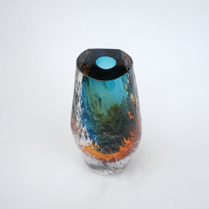 Aqua teal and amber core glass vase with textured clear exterior in two sizes