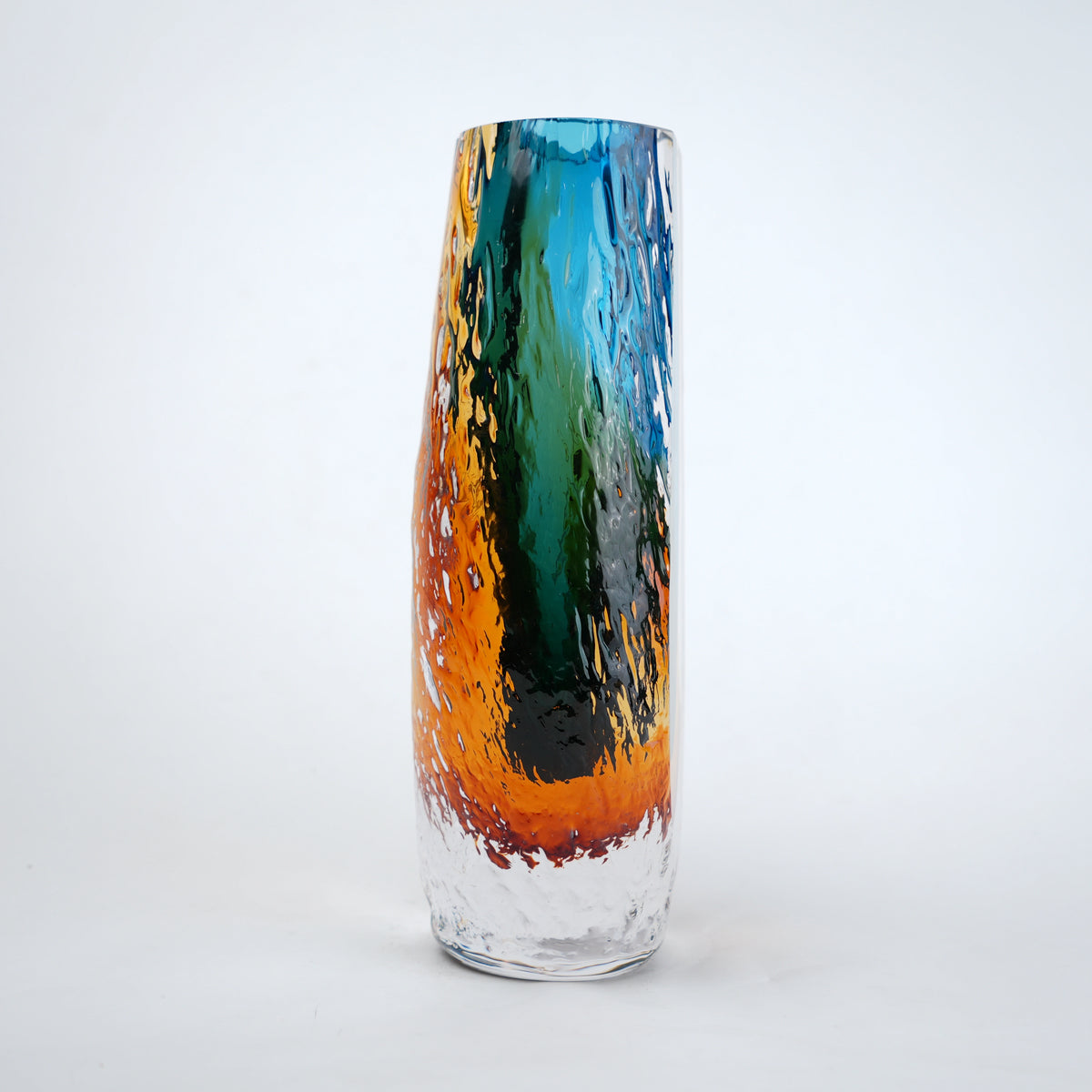 Aqua teal and amber core glass vase with textured clear exterior in two sizes