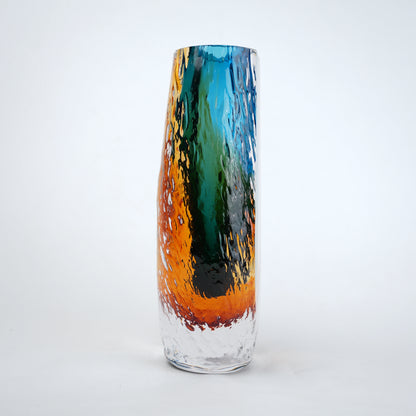 Aqua teal and amber core glass vase with textured clear exterior in two sizes