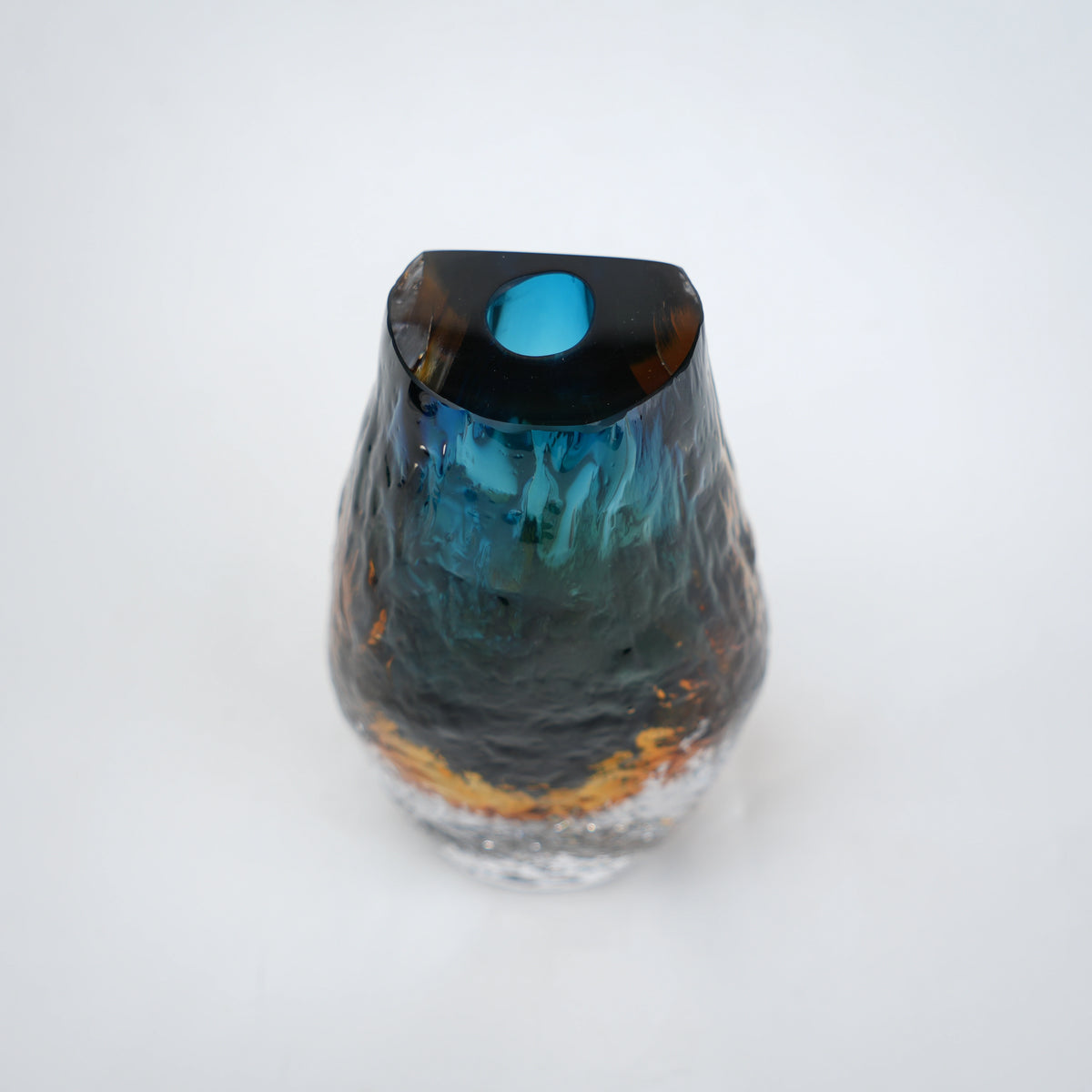 Aqua teal and amber core glass vase with textured clear exterior in two sizes